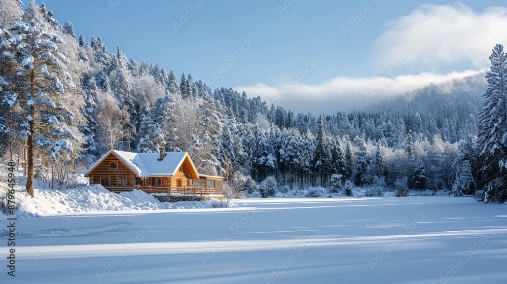 A snowy winter wonderland, evergreen trees dusted with snow, a cozy cabin in the distance A snowy winter wonderland, evergreen trees dusted with snow, a cozy cabin in the distance
