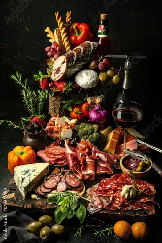 Charcuterie Board with Assorted Meats, Cheeses, Fruits, and Bread on Rustic Dark Background