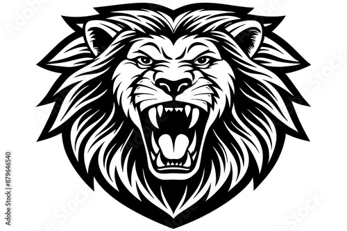 a lion head roaring with its mouth open in a simple look a logo  silhouette vector illustration  photo