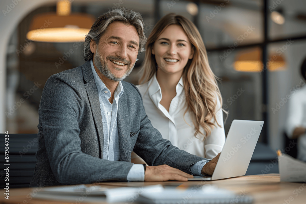 Fototapeta premium Smiling Business Man and Woman Working Together on Laptop in Modern Office Collaborative Diverse Team Communicating and Learning