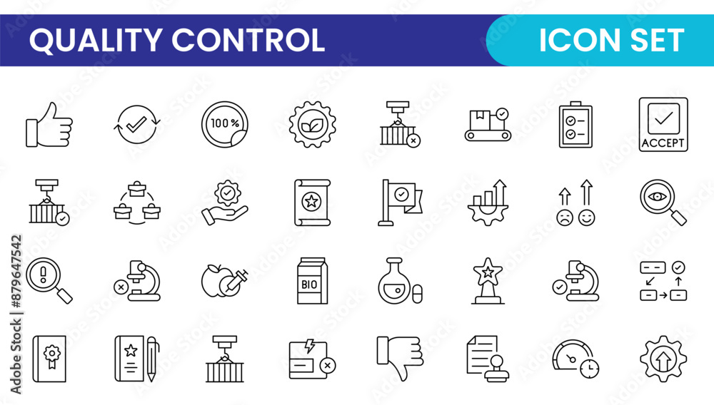 Quality Control line icon set. Included the icons as inspect, QA, qualify, quality control, check, verify, and more. Quality Control line icon set. Included the icons as inspect, QA, qualify, quality control, check, verify, and more.