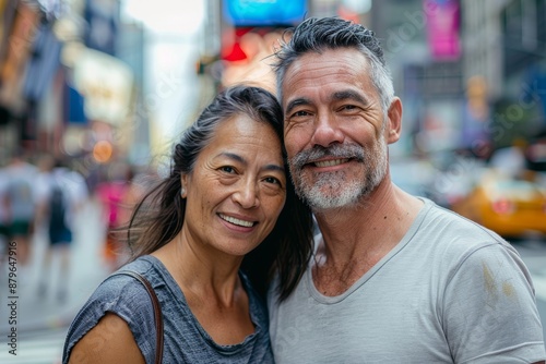 Portrait of a satisfied multicultural couple in their 40s dressed in a casual t-shirt on busy urban street