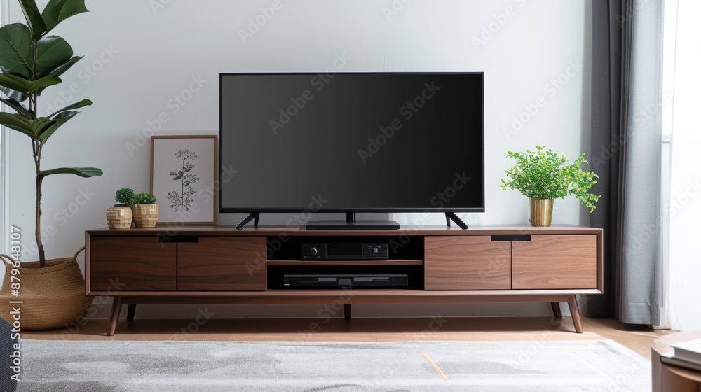 Tv on modern media stand with a minimalist design and rustic finish Tv on modern media stand with a minimalist design and rustic finish