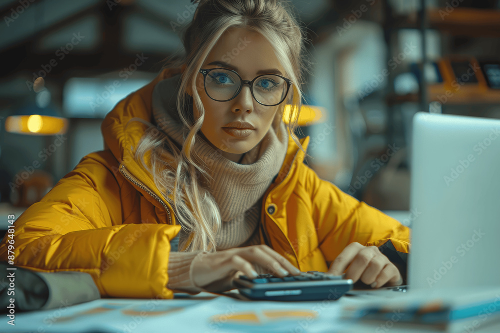 Businesswoman calculating financial report using calculator laptop and documents at desk