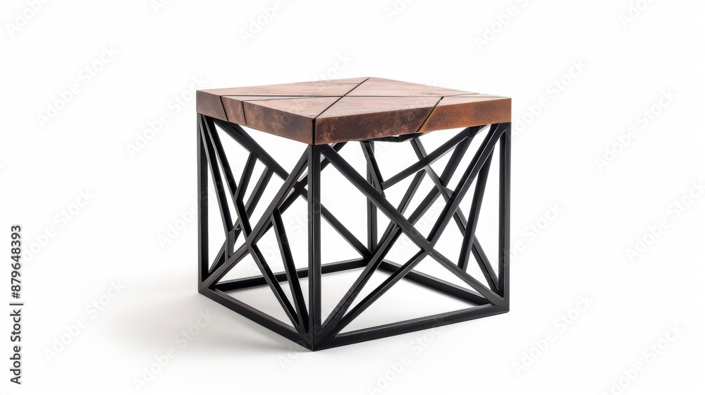A geometric end table with a unique design and metal frame, isolated on a white background A geometric end table with a unique design and metal frame, isolated on a white background