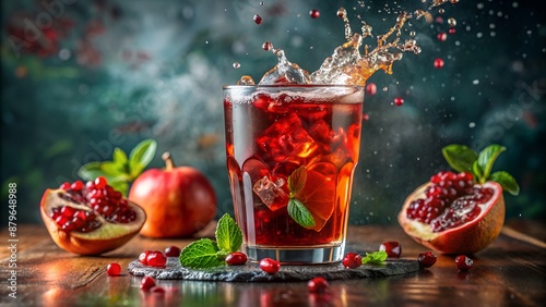 Refreshing pomegranate juice drink with ice and mint on a wooden table photo