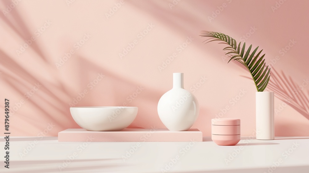 a white vase and a bowl on a shelf with a pink wall a white vase and a bowl on a shelf with a pink wall