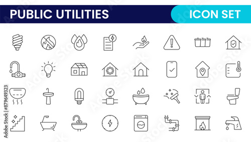 Public utilities linear signed icon collection. Signed thin line icons collection. Set of public utilities simple outline icons.