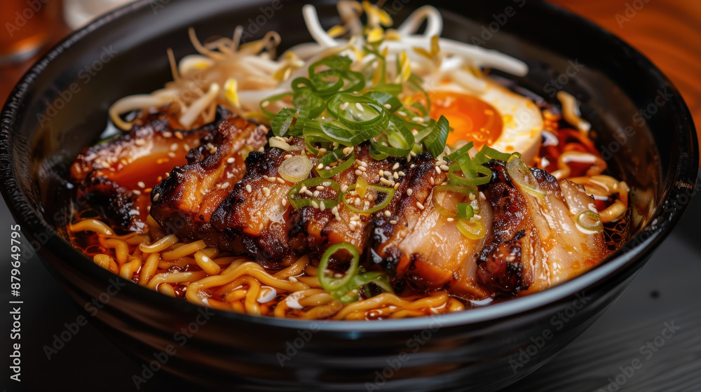 Japanese ramen with grilled pork belly, soft-boiled egg, bean sprouts, and green onions in black bowl Japanese ramen with grilled pork belly, soft-boiled egg, bean sprouts, and green onions in black bowl