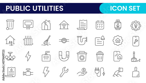 Public utilities linear signed icon collection. Signed thin line icons collection. Set of public utilities simple outline icons.