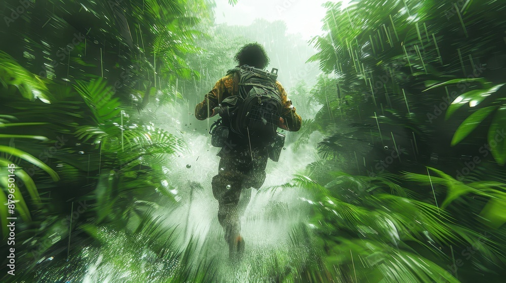 A person seen from behind, running through a dense and vibrant green jungle during a rainstorm, creating a dynamic and adventurous scene full of energy and determination. A person seen from behind, running through a dense and vibrant green jungle during a rainstorm, creating a dynamic and adventurous scene full of energy and determination.