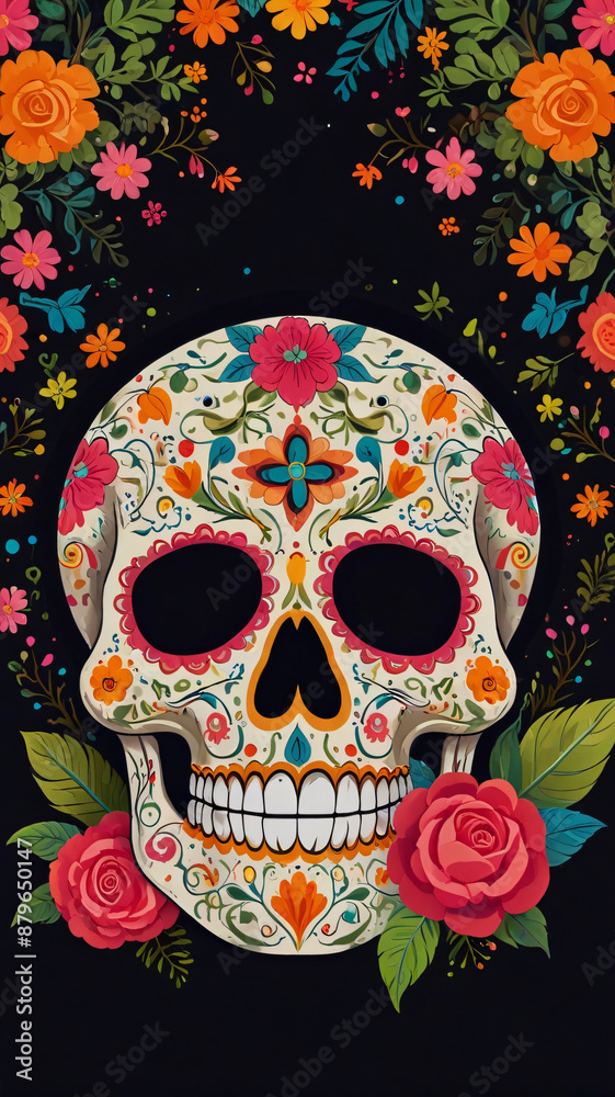 Vibrant Day of the Dead skull, flat vector style