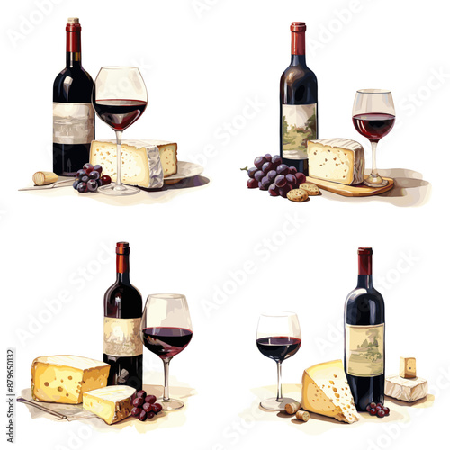 Four different bottles of wine are shown with a glass of wine