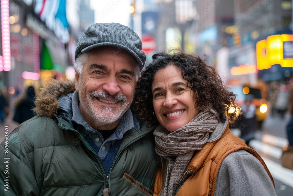 Portrait of a happy mixed race couple in their 50s dressed in a thermal insulation vest over busy urban street Portrait of a happy mixed race couple in their 50s dressed in a thermal insulation vest over busy urban street
