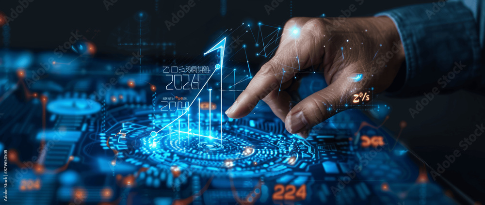 Fototapeta premium Businessman Visualizing 2024 Business Growth and Strategy with Digital Marketing and Financial Analysis