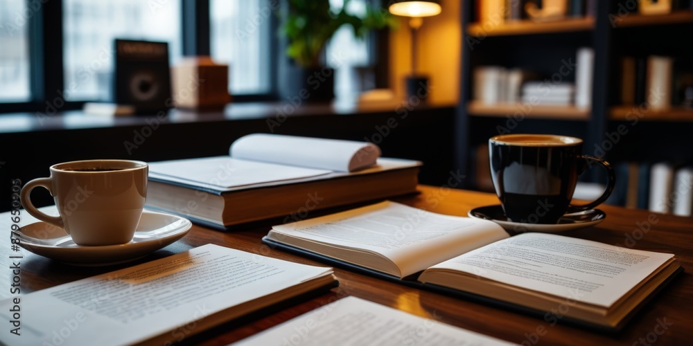 An office with a pile of papers. Office work. Archives. Paperwork. Workaholic's day. Library. Classical education. Work study. Management. Politics. Study. Exams. Banner, poster, background. 