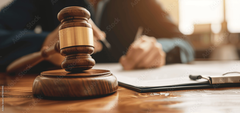 Lawyer Writing Legal Document in Office, Full Body Holding Gavel, Shutting Down Business, Courtroom Setting Lawyer Writing Legal Document in Office, Full Body Holding Gavel, Shutting Down Business, Courtroom Setting