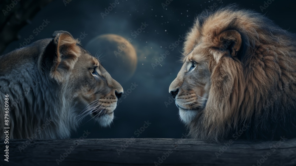 Two majestic lions facing each other under a moonlit sky, creating a powerful and serene scene in the wilderness. Two majestic lions facing each other under a moonlit sky, creating a powerful and serene scene in the wilderness.