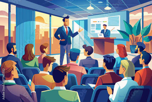 Young colleagues talking about tasks in the company hall in a cheerful atmosphere. 