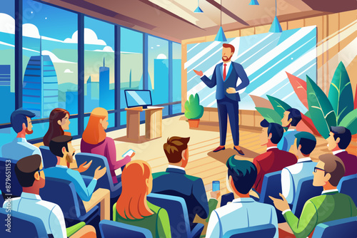 Caucasian Tech CEO speaks with a male host in front of an audience of various attendees. 