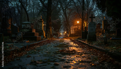 Recreation of gravestones in a lugubrious cemetery at night	