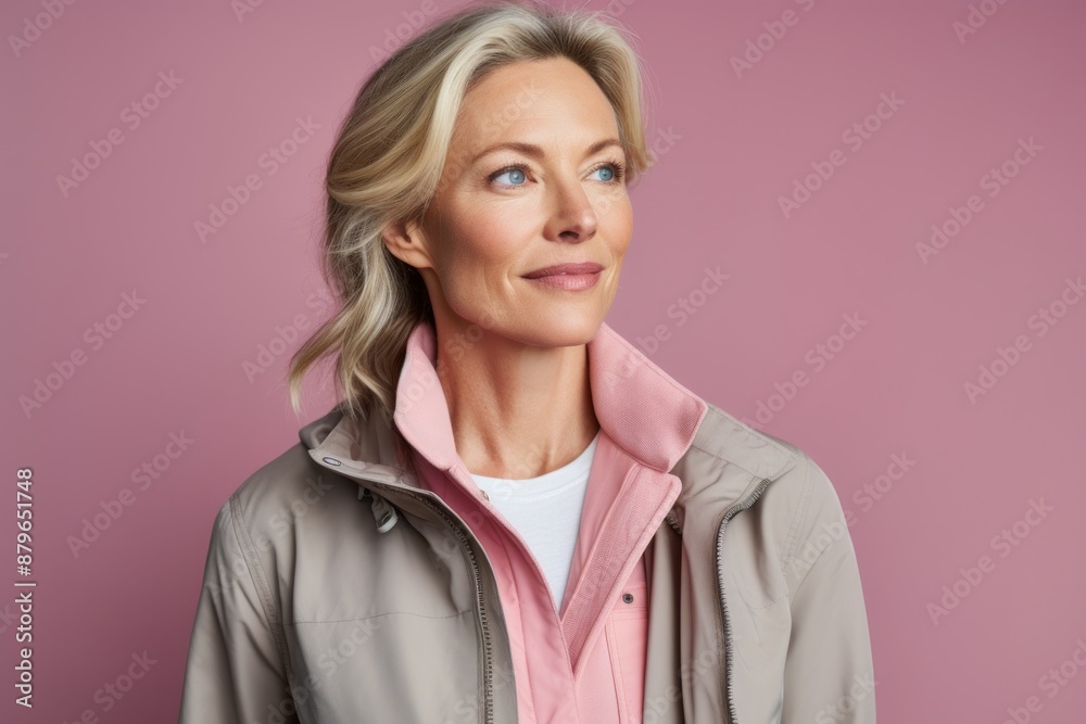 Portrait of a content woman in her 40s dressed in a water-resistant gilet over solid pastel color wall Portrait of a content woman in her 40s dressed in a water-resistant gilet over solid pastel color wall