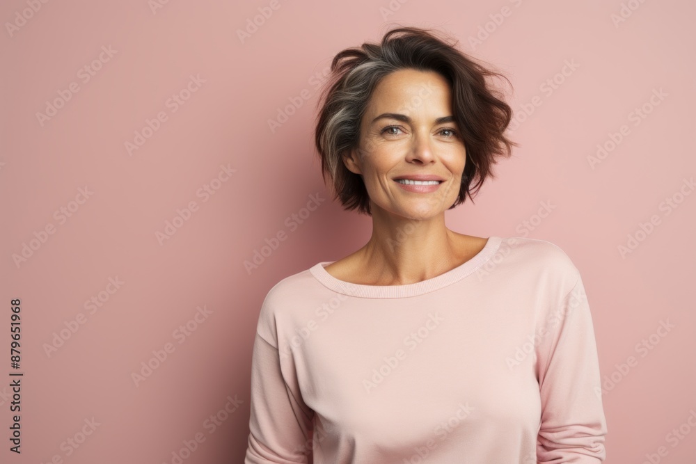Portrait of a smiling woman in her 40s sporting a long-sleeved thermal undershirt on solid pastel color wall Portrait of a smiling woman in her 40s sporting a long-sleeved thermal undershirt on solid pastel color wall