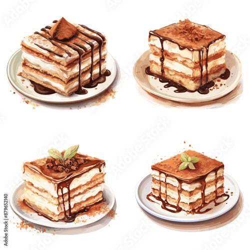Four different types of desserts are shown on four different plates