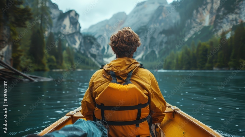 A person wearing a yellow jacket sits in a boat on a calm river, surrounded by towering rocky mountains and dense forests, symbolizing serenity and exploration. A person wearing a yellow jacket sits in a boat on a calm river, surrounded by towering rocky mountains and dense forests, symbolizing serenity and exploration.