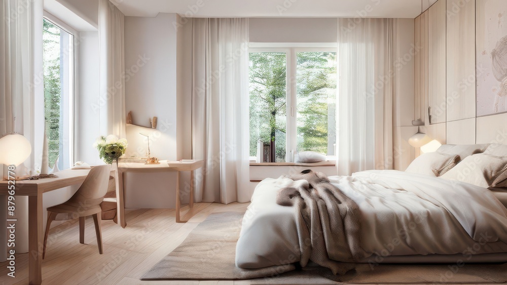 Fototapeta premium Modern Minimalist Bedroom Interior with Workspace