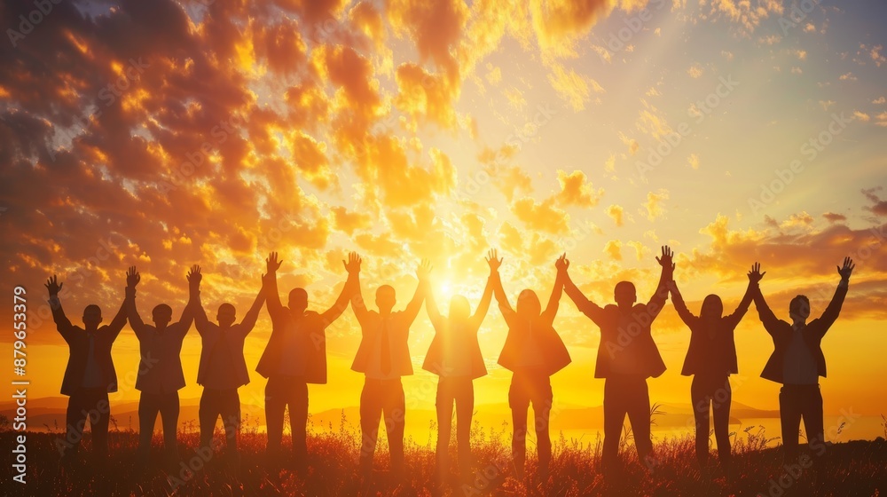 Silhouette of joyful business team raising hands in unison against a dramatic sunset sky Silhouette of joyful business team raising hands in unison against a dramatic sunset sky