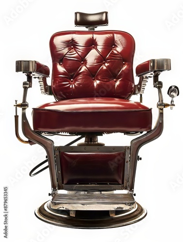 Luxurious red leather barber chair with intricate diamond tufted backrest and chrome accents photo