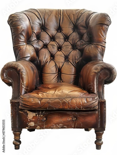 Antique brown leather chesterfield armchair with tufted buttons photo