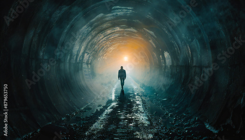 Recreation from back of a man walking in a tunnel towards the light at end