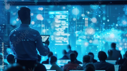 Tech seminar with IT professionals presenting to an audience