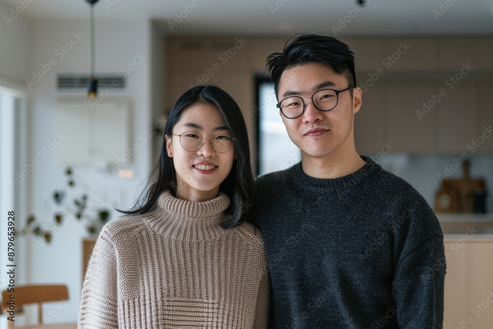 Portrait of a glad asian couple in their 20s dressed in a warm wool sweater on modern minimalist interior Portrait of a glad asian couple in their 20s dressed in a warm wool sweater on modern minimalist interior