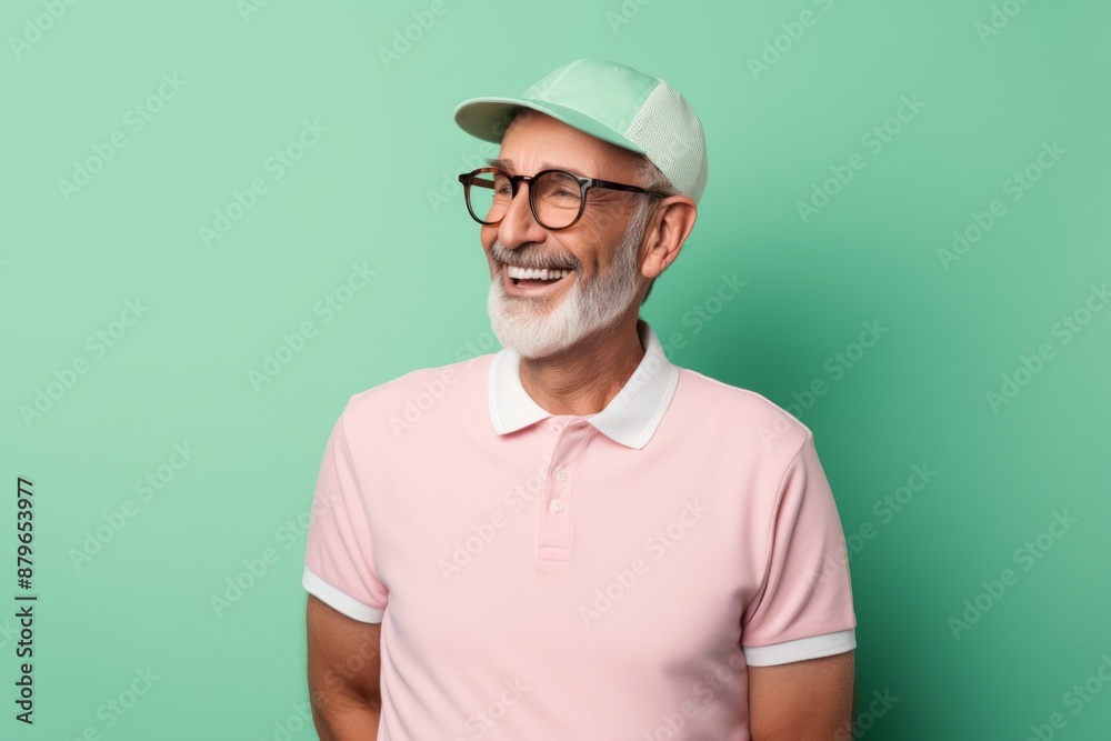 Portrait of a grinning man in his 80s wearing a breathable golf polo isolated in solid pastel color wall Portrait of a grinning man in his 80s wearing a breathable golf polo isolated in solid pastel color wall