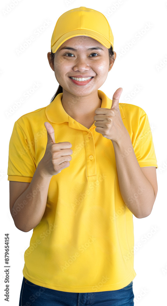30-year-old Philippine female worker wearing a yellow uniform and cap giving two thumbs up gesture 30-year-old Philippine female worker wearing a yellow uniform and cap giving two thumbs up gesture