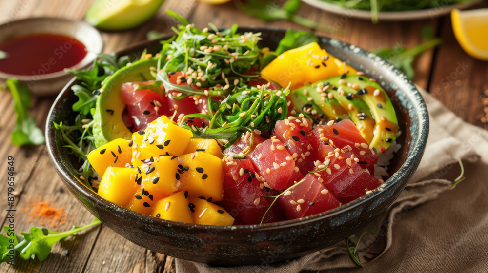 Fresh tuna poke bowl with mango, avocado, and seaweed salad garnished with sesame seeds Fresh tuna poke bowl with mango, avocado, and seaweed salad garnished with sesame seeds