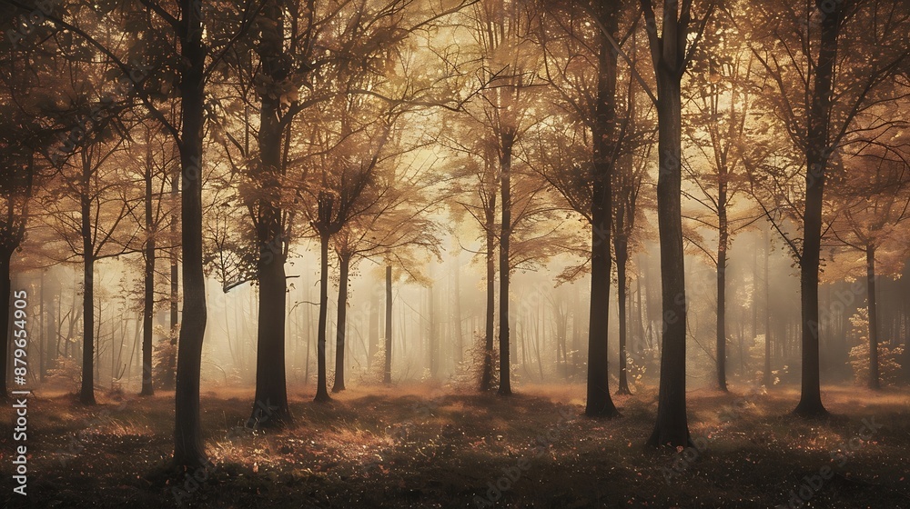 Fototapeta premium A dreamlike portrayal of slender trees during autumn captured in a pictorialism art style evoking a serene and ethereal atmosphere : Generative AI