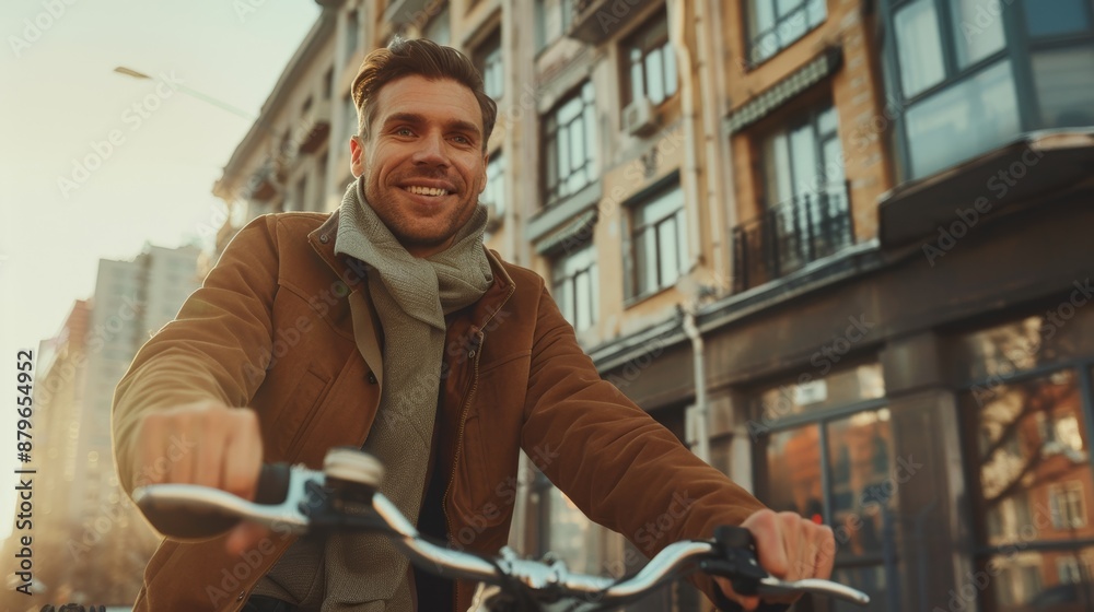 Professional man cycling away from office, happy expression, eye contact with camera, cityscape background Professional man cycling away from office, happy expression, eye contact with camera, cityscape background