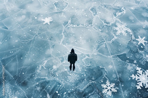 silhouette of a lonely person standing in frozen winter landscape view from above, cold weather, blue color palette, ice cold exposure photo