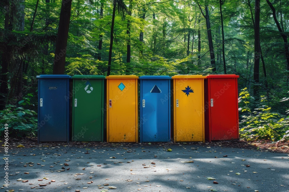 Forest Oasis: Recycling Bins on Fresh Asphalt Path Forest Oasis: Recycling Bins on Fresh Asphalt Path