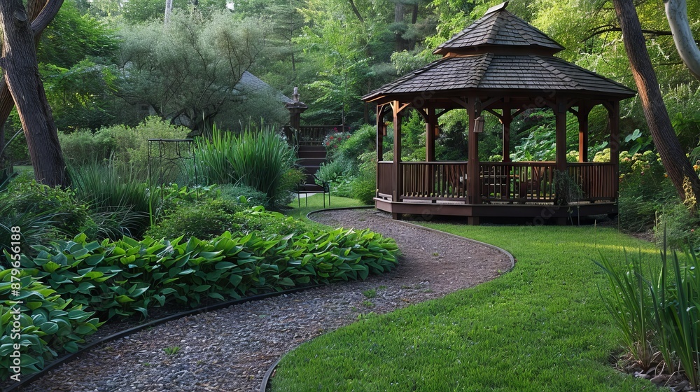 Beautiful garden with a gazebo and green plants Beautiful garden with a gazebo and green plants