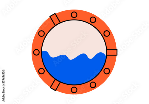 Hand drawn cute cartoon illustration of porthole. Flat vector circle window with ocean or sea in doodle style. View from the ship or boat icon or print. Vacation or holiday summer trip. Isolated.
