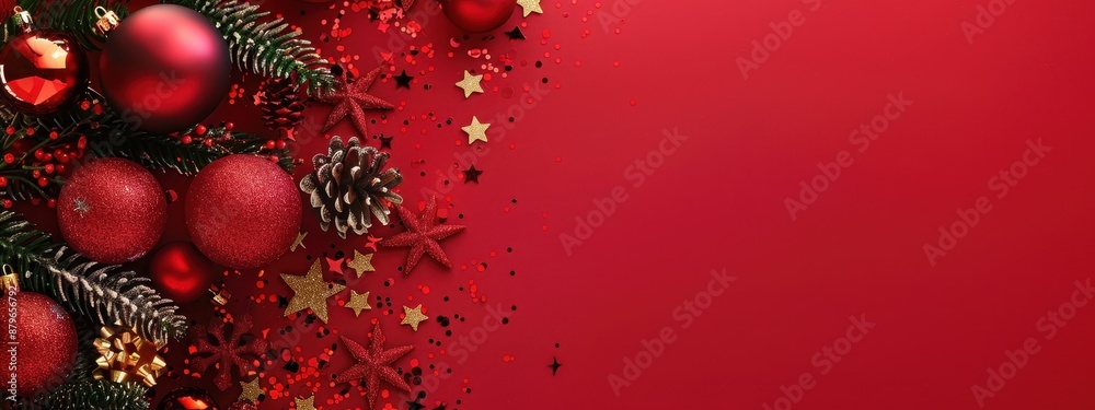 A fiery red backdrop combined with a Christmas tree decorated with beautiful ornaments, creates the perfect decoration to celebrate the joy of Christmas. A fiery red backdrop combined with a Christmas tree decorated with beautiful ornaments, creates the perfect decoration to celebrate the joy of Christmas.