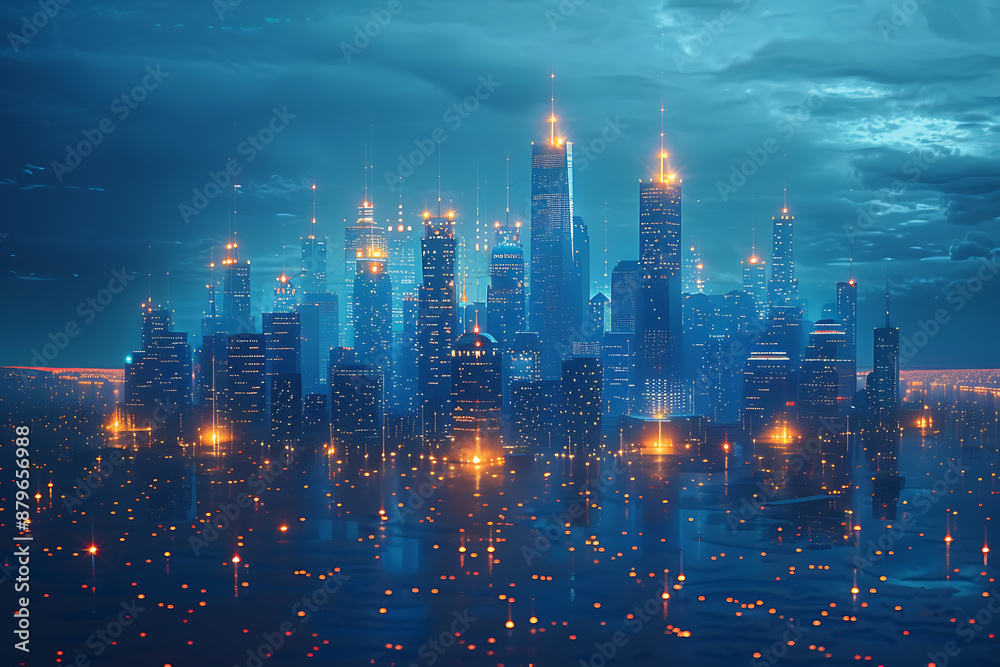 Obraz premium Futuristic city, silhouette logo in the wireframe style on a dark blue background