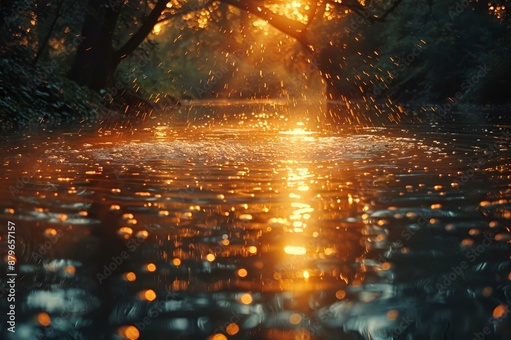 Fototapeta premium the sun shines brightly through the trees over the water.