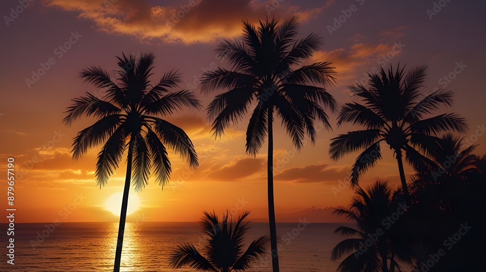 Tropical Sunset Silhouette with Palm Trees, Exotic Beach Landscape,vacation destination, tropical paradise, summer evening, dusk sky, nature silhouette Tropical Sunset Silhouette with Palm Trees, Exotic Beach Landscape,vacation destination, tropical paradise, summer evening, dusk sky, nature silhouette