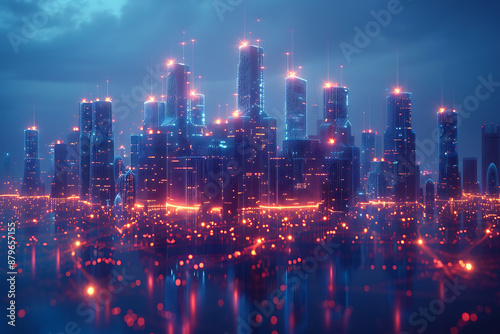 Wallpaper Mural Futuristic city, silhouette logo in the wireframe style on a dark blue background Torontodigital.ca